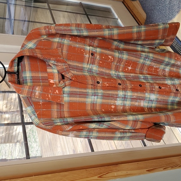 Bleached Distressed Plaid Flannel Hippie Troll "Peace" Mushrooms Sz XXL Shirt - Picture 4 of 12
